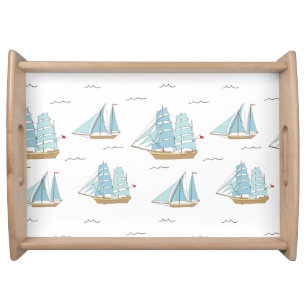 Summer Seatime Cute yachts with sail Serving Tray
