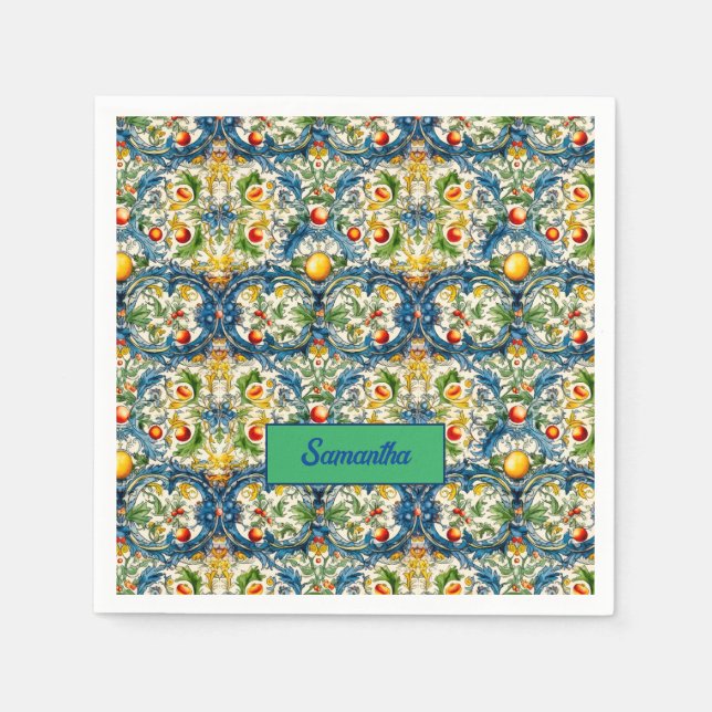 Summer, Sicilian Mediterranean oranges majolica Napkins (Front)