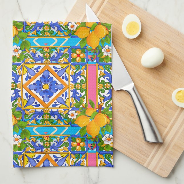 Summer ,Sicilian tiles ,citrus,lemons Mediterranea Kitchen Towel (Quarter Fold)