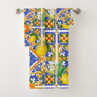 Summer ,Sicilian tiles ,citrus,oranges,majolica Bath Towel Set