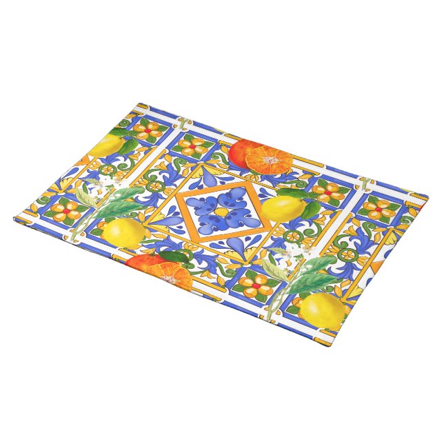 Summer ,Sicilian tiles ,citrus,oranges,majolica  Cloth Placemat (On Table)