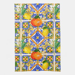 Summer ,Sicilian tiles ,citrus,oranges,majolica    Kitchen Towel
