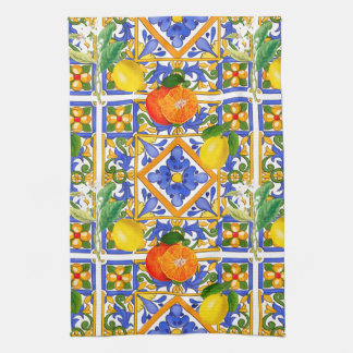 Summer ,Sicilian tiles ,citrus,oranges,majolica Kitchen Towel