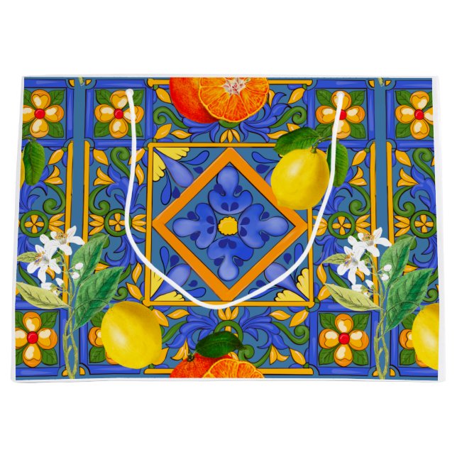 Summer ,Sicilian tiles ,citrus,oranges,majolica   Large Gift Bag (Front)