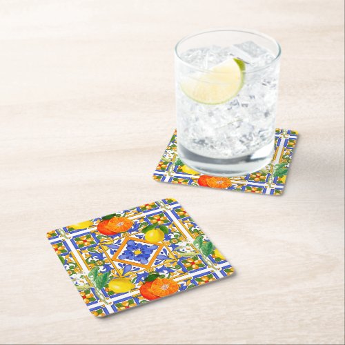 Summer Sicilian tiles citrusorangesmajolica   Square Paper Coaster