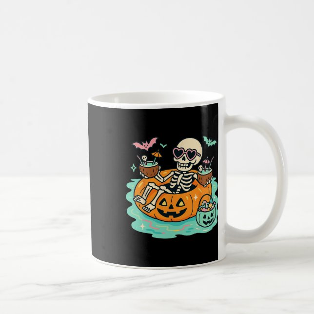 Summer Skeleton In Pumpkin Float Cute Spooky Pool  Coffee Mug (Right)