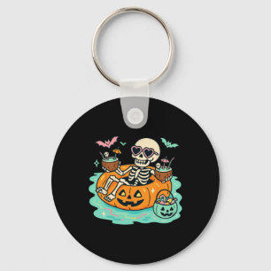 Summer Skeleton In Pumpkin Float Cute Spooky Pool Keychain