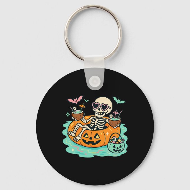 Summer Skeleton In Pumpkin Float Cute Spooky Pool  Keychain (Front)