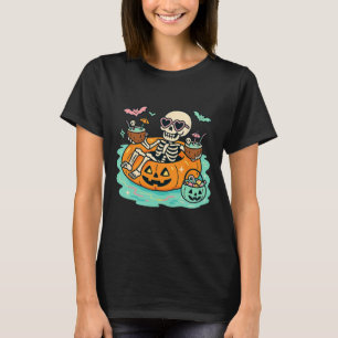 Summer Skeleton In Pumpkin Float Cute Spooky Pool T-Shirt