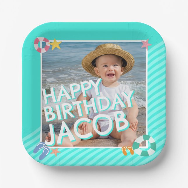 Summer Sky Blue Boys 1st Birthday  Paper Plates (Front)