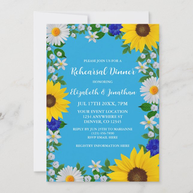 Summer Sky Blue Floral Rehearsal Dinner Invitation (Front)
