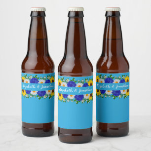 Summer Sky Blue Floral Wedding Beer Bottle Label