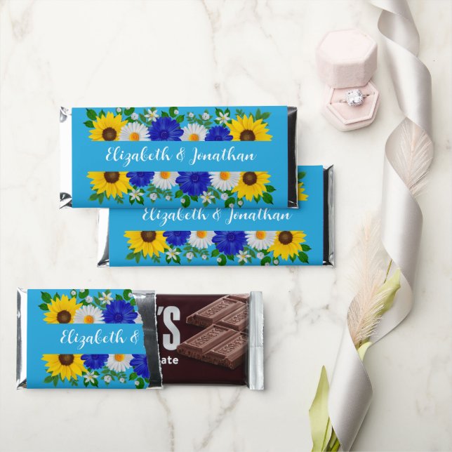 Summer Sky Blue Floral Wedding Hershey Bar Favors (Front)