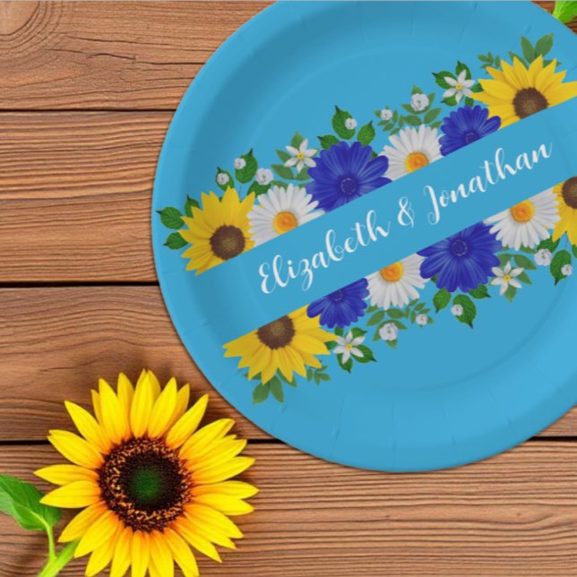 Summer Sky Blue Floral Wedding Paper Plates (Creator Uploaded)