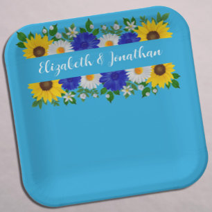 Summer Sky Blue Floral Wedding Paper Plates
