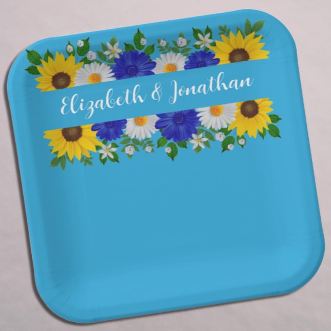 Summer Sky Blue Floral Wedding Paper Plates (Creator Uploaded)