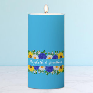 Summer Sky Blue Floral Wedding Pillar Candle