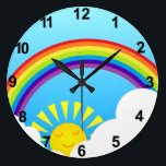 Summer sky large clock<br><div class="desc">Fun summer sky illustration with rainbow, clouds and sun</div>