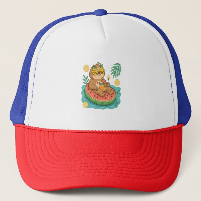 Summer Sloth Pool Float Trucker Hat (Front)