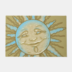 Summer Smiling Sun Blue Gold Door Mat