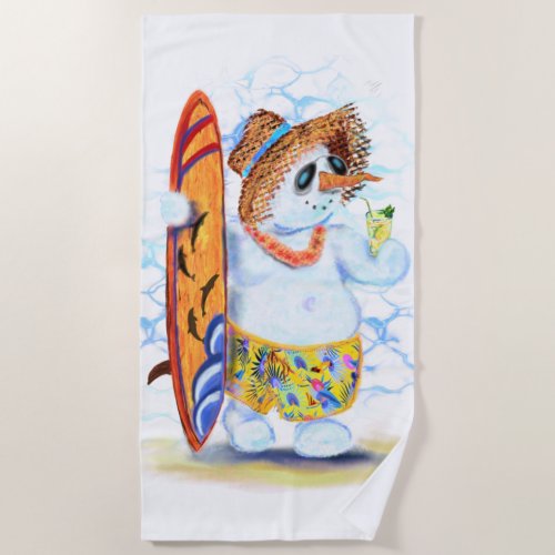 Summer Snowman Surfer Drinks Fresh Cocktail _ Fun Beach Towel
