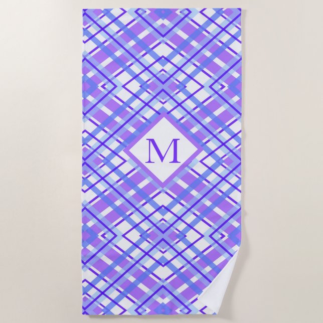 Summer Soft Purple Blue Plaid Personalize Monogram Beach Towel (Front)