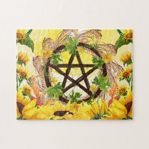 Summer Solstice Bright Yellow Sunflower Pentacle Jigsaw Puzzle