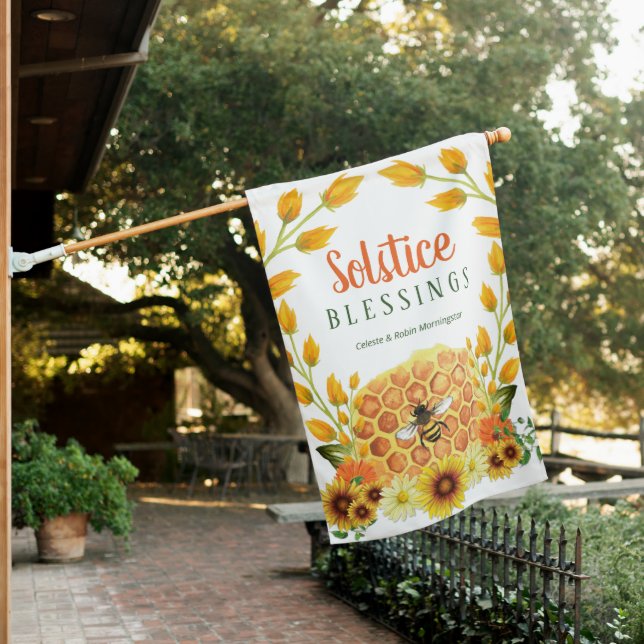 Summer Solstice Litha Honey Bee Yellow Sunflower House Flag (In SItu)