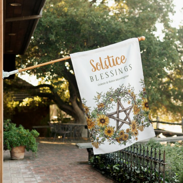 Summer Solstice Litha Yellow Sunflower Wreath House Flag (In SItu)