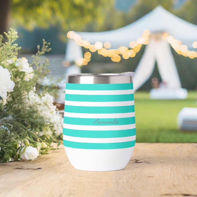 Summer Splash Aqua Bold Stripes Custom Name Thermal Wine Tumbler (Creator Uploaded)