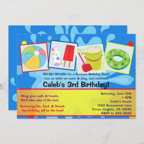 Summer Splash Pool Party Birthday Invitations