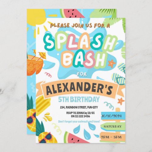 Summer Splash Pool Party Boy Bash Water Park Invitation