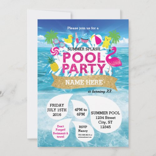 Summer Splash Pool Party Invitation 5 x 7