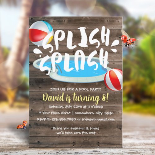 Summer Splish Splash Wood Pool Birthday Party Invitation