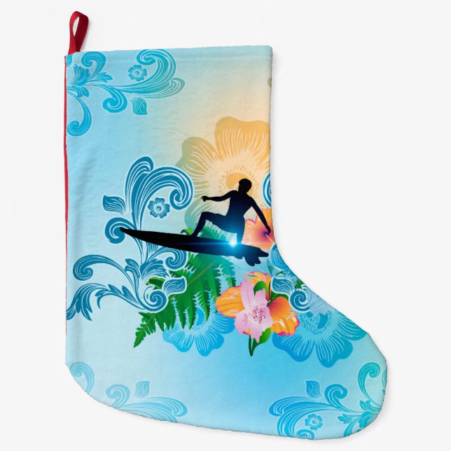 Summer sports, surf boarder with wave large christmas stocking (Front)
