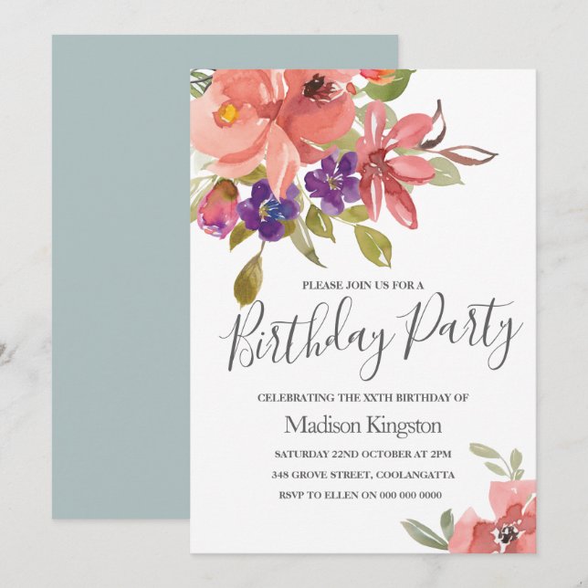 Summer Spring Flowers Modern Birthday Party Invite (Front/Back)