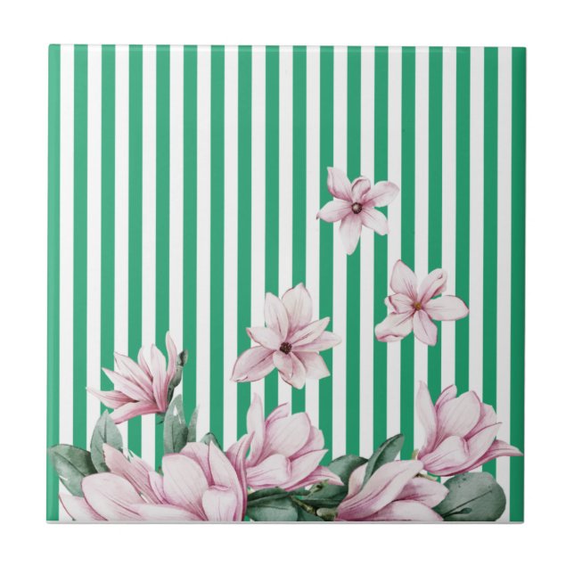 Summer, spring, green stripe magnolia print  ceramic tile (Front)