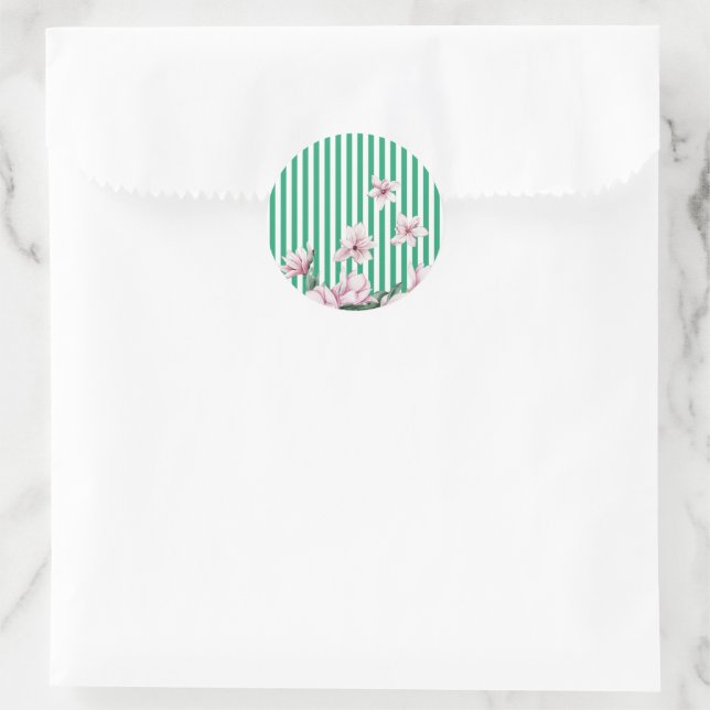 Summer, spring, green stripe magnolia print  classic round sticker (Bag)