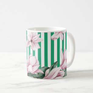 Summer, spring, green stripe magnolia print coffee mug