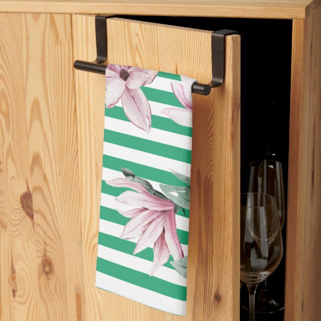 Summer, spring, green stripe magnolia print   kitchen towel (Thirds Fold)