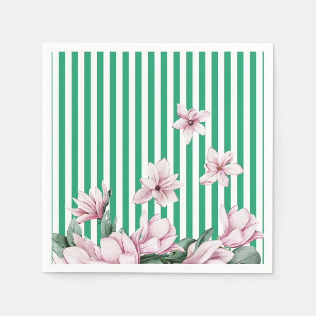 Summer, spring, green stripe magnolia print  napkins (Front)