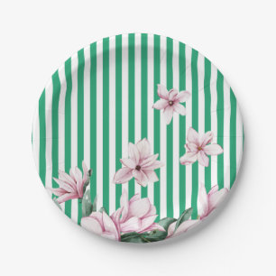 Summer, spring, green stripe magnolia print paper plates