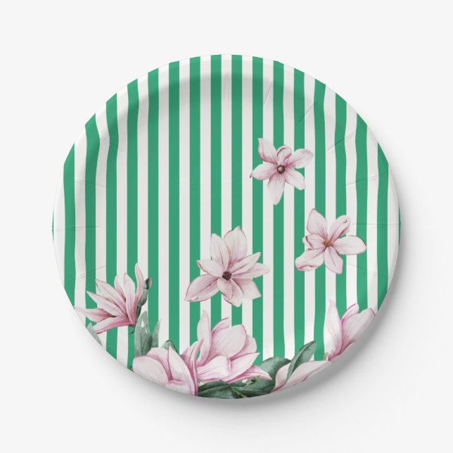 Summer, spring, green stripe magnolia print  paper plates (Front)