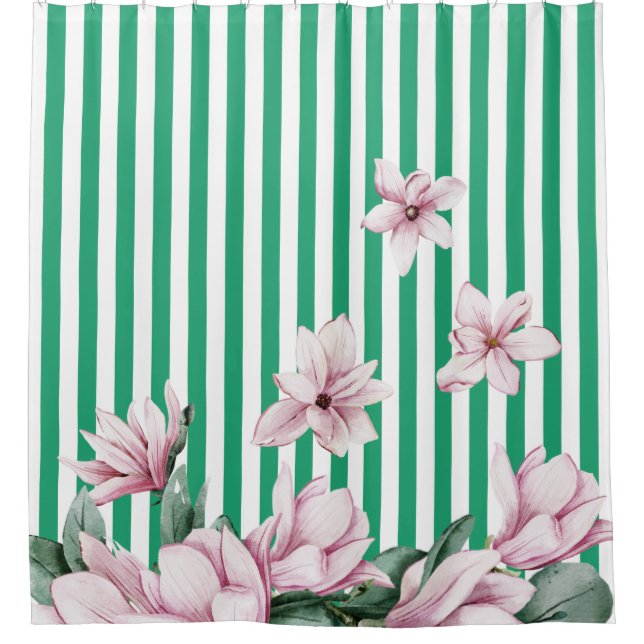 Summer, spring, green stripe magnolia print   shower curtain (Front)