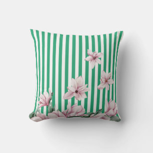 Summer, spring, green stripe magnolia print throw pillow