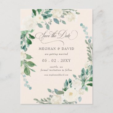 Summer Spring Ivory Floral Greenery Save the Date Announcement Postcard