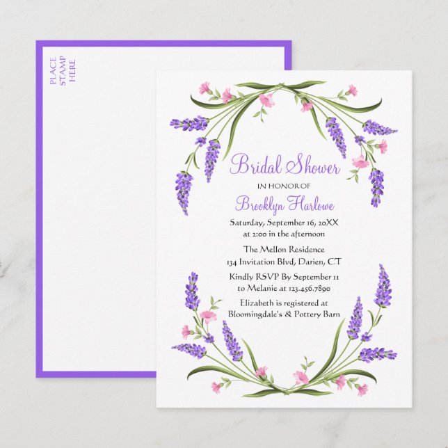 Summer Spring Pink Purple Floral Bridal Shower Invitation Postcard (Front/Back)