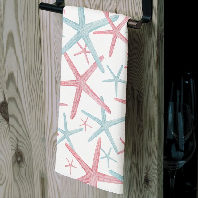 Summer Starfish Elegant Beach Kitchen Towel (Summer Teal Pink Nautical Starfish Beach House Kitchen Towel)