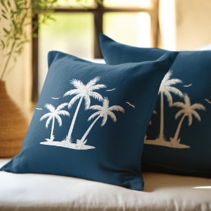 Summer steel Blue White Palms design Throw Pillow