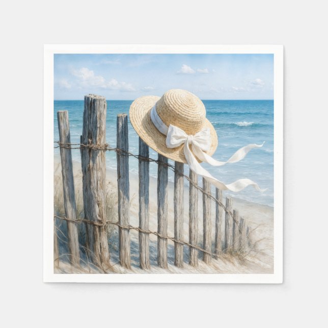 Summer Straw Hat On Beach Fence Napkins (Front)